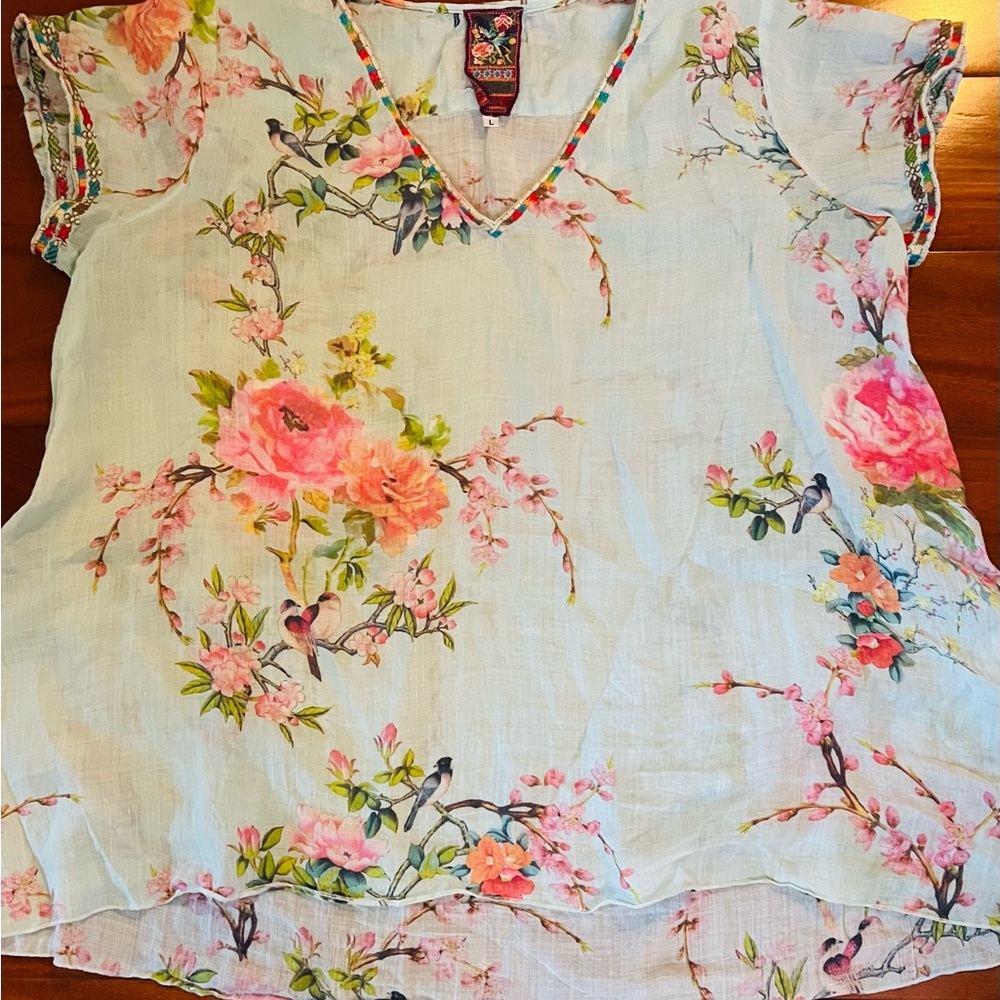 Johnny Was Light Blue Floral V-Neck Blouse - Picture 4 of 10